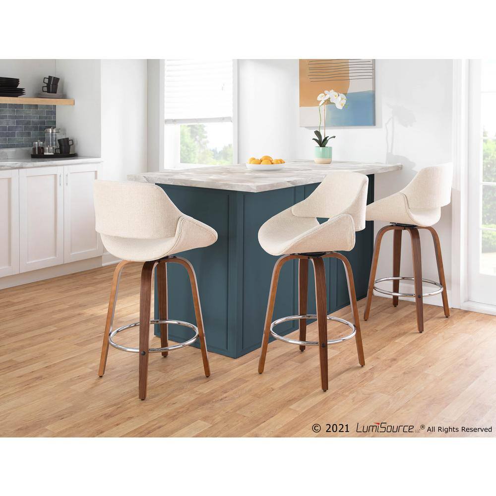 Set of 2 Cream Fabric Walnut Swivel Counter Stools
