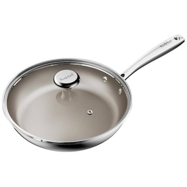 Adrinfly 10 in. Stainless Steel Titanium Ceramic Nonstick Coating Frying Pan with Glass Lid and Stainless Steel Stay Cool Handle