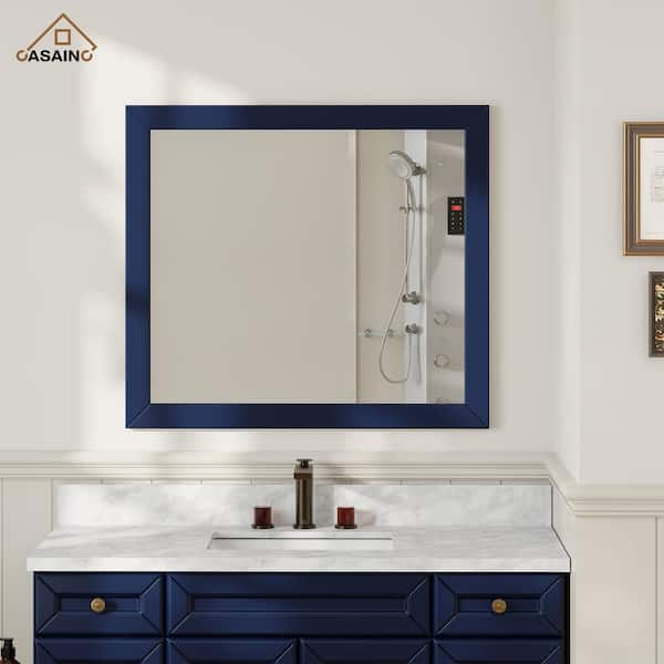 35 in. W x 34 in. H Rectangle Framed Wall Mounted Modern Bathroom Vanity Mirror in Dark Blue