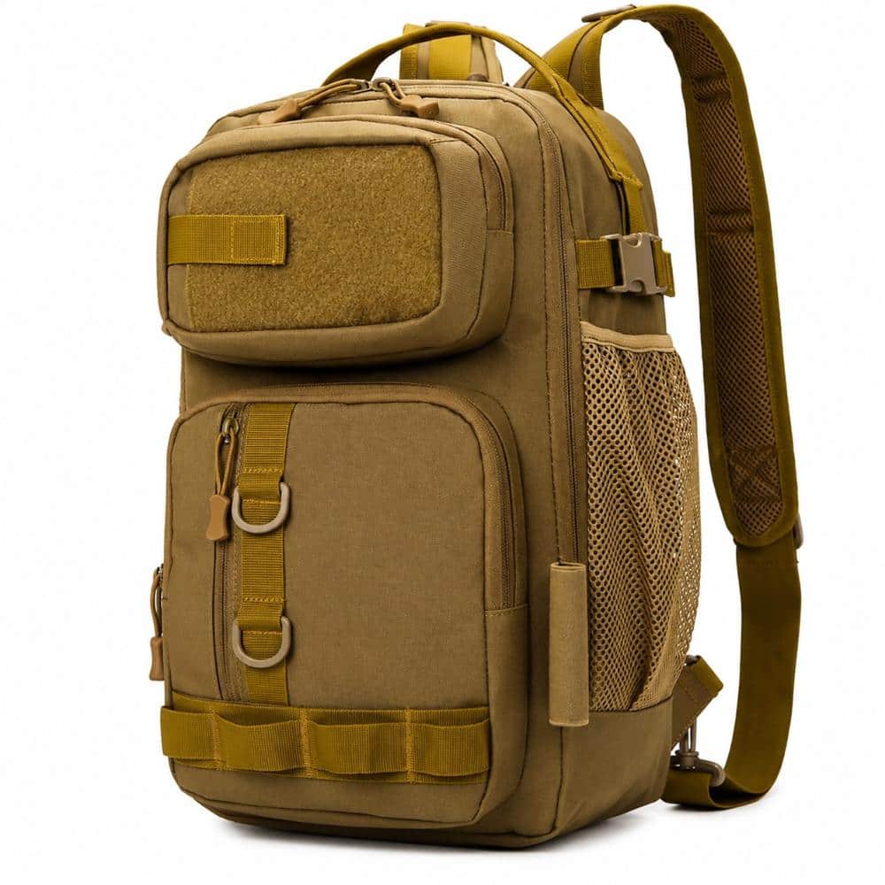 Tan Nylon Fishing Tackle Waistpack with Adjustable Straps Rod Holder and Multiple Gear Compartments 16.53 in H