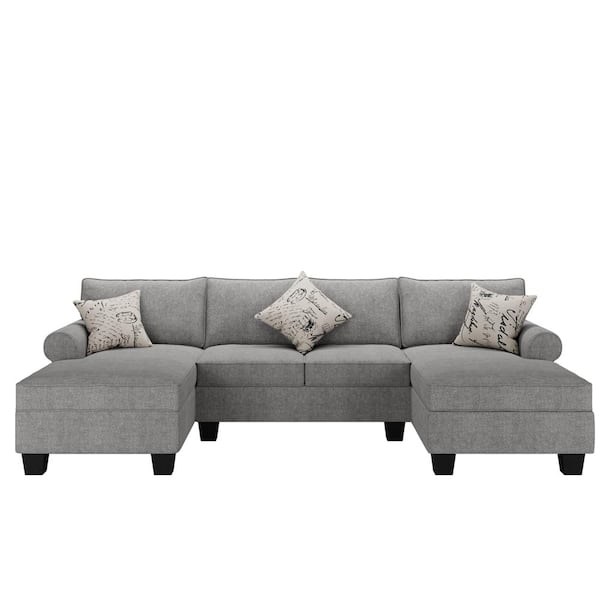 Z-joyee 116 in. Round Arm 3-Piece U Shaped Polyester Modern Sectional Sofa in Gray w/Storage and 3-Pillows