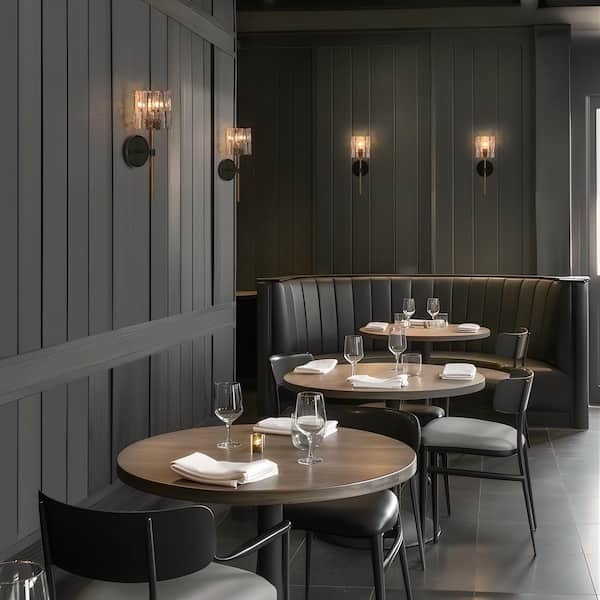 Echonalyri Matte Black 1-Light Modern Glam Wall Sconce Brass Accents with Square Gray Textured Glass Shade for Bathroom