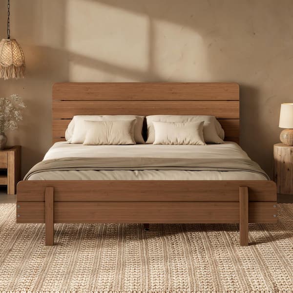 Natural/Brown Bamboo Frame Queen Size Platform Bed with Headboard, Upgraded Support Slats