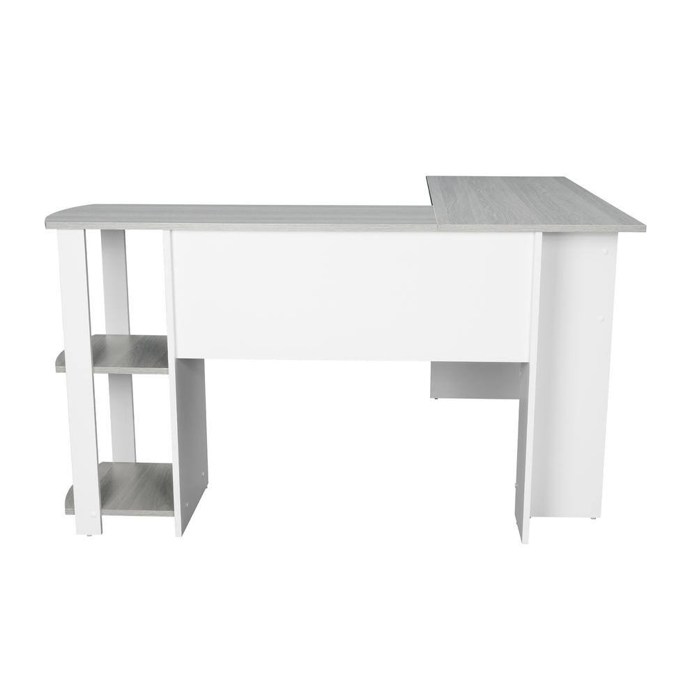 Modern Gray L-Shaped Home Office Desk with Side Storage Shelves
