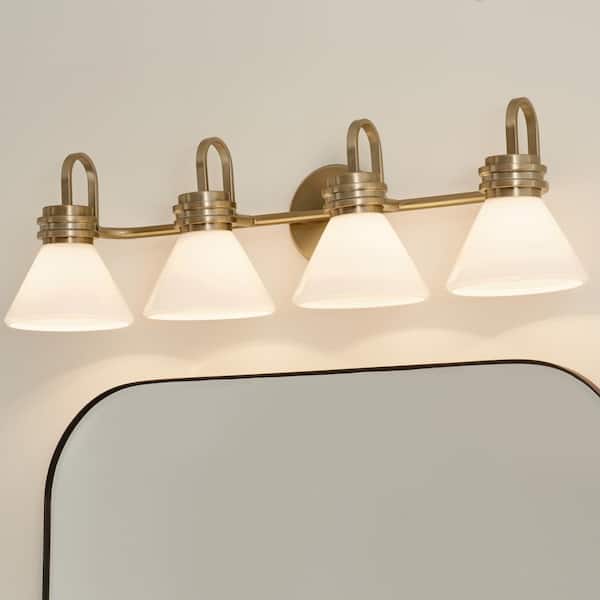 Farum 34 in. 4-Light Champagne Bronze Modern Bathroom Vanity Light with Opal Glass Shades