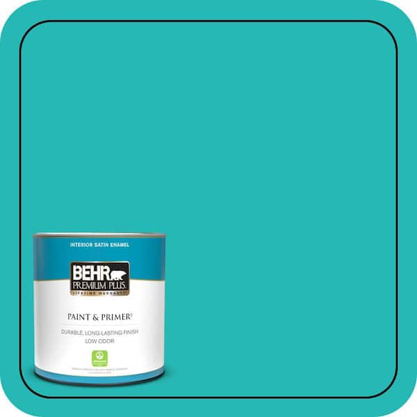 BEHR PREMIUM PLUS 1 qt. #MQ4-21 Caicos Turquoise Satin Enamel Low Odor Interior Paint & Primer