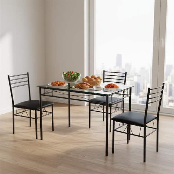 5-PCS Black Dining Table Set, Space-Saving Modern Rectangle Kitchen Table w/ Tempered Glass Top and 4-Upholstered Chairs