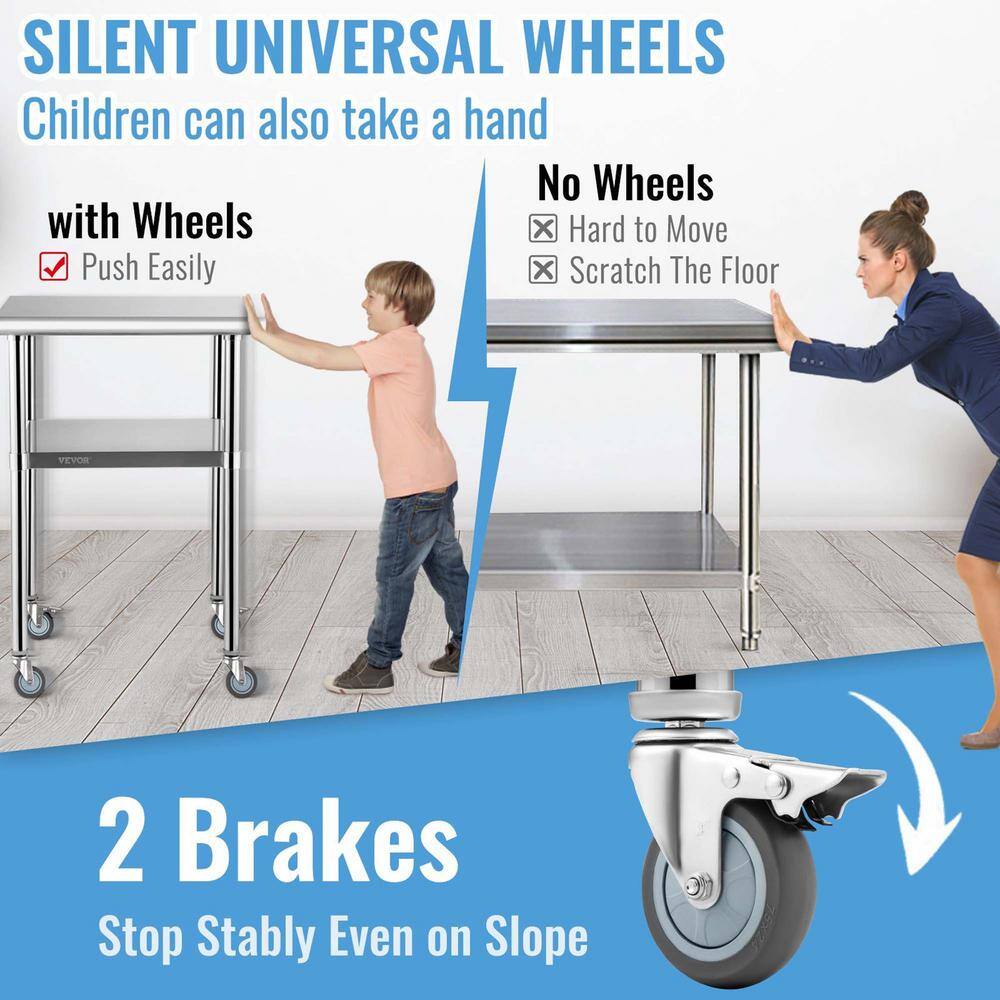 24" Stainless Steel Work Table with Galvanized Undershelf and Casters