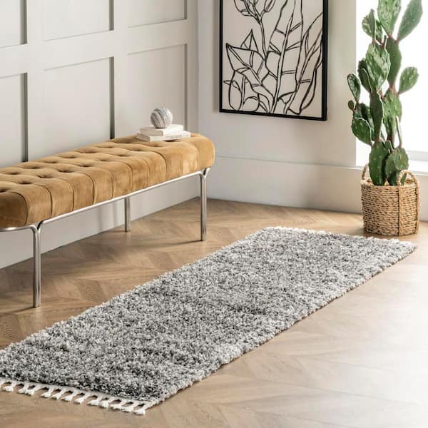 3 ft. x 10 ft. Gray Brooke Shag Tasseled Runner Rug