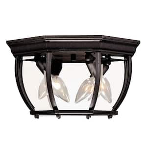 9 in. W x 7 in. H 3-Light Black Outdoor Flush Mount with Clear Beveled Glass