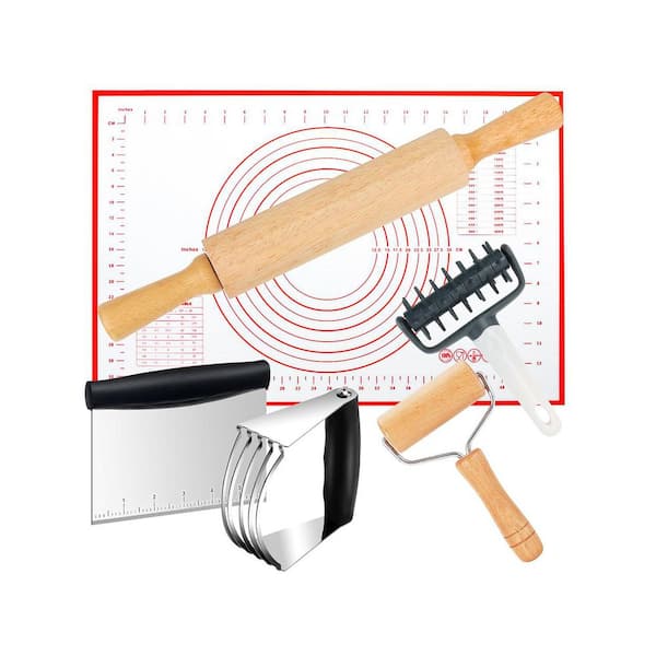 Medium Rolling Pin Set w Stainless Steel Pastry Blender, Pizza Dough Roller Docker, Dough Cutter, Silicone Baking Mat