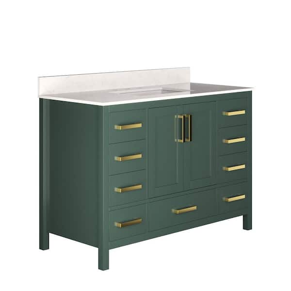 48 in. W x 22 in. D x 34 in. H Single Sink Freestanding Green Bath Vanity with Engineered White Marble Top,3 Faucet Hole
