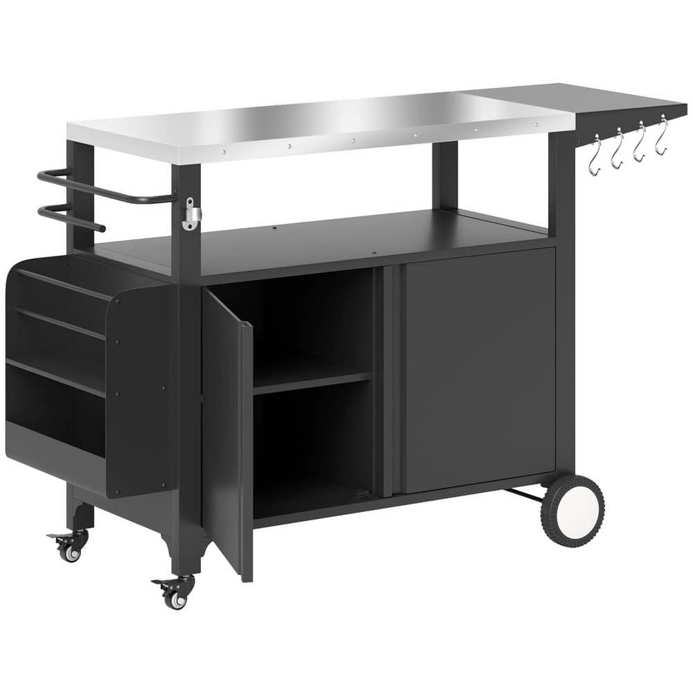 Black Outdoor Grill Cart Table with Foldable Side Table, Stainless Steel Ta