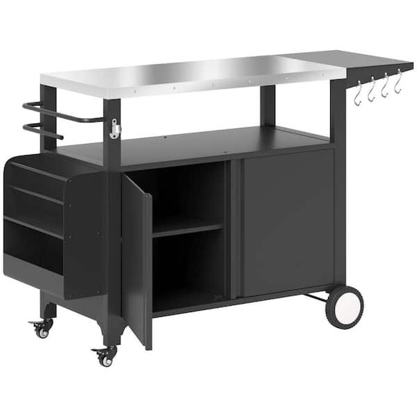 Outsunny Black Outdoor Grill Cart Table with Foldable Side Table, Stainless Steel Tabletop with Storage Rack, Hooks on Wheels