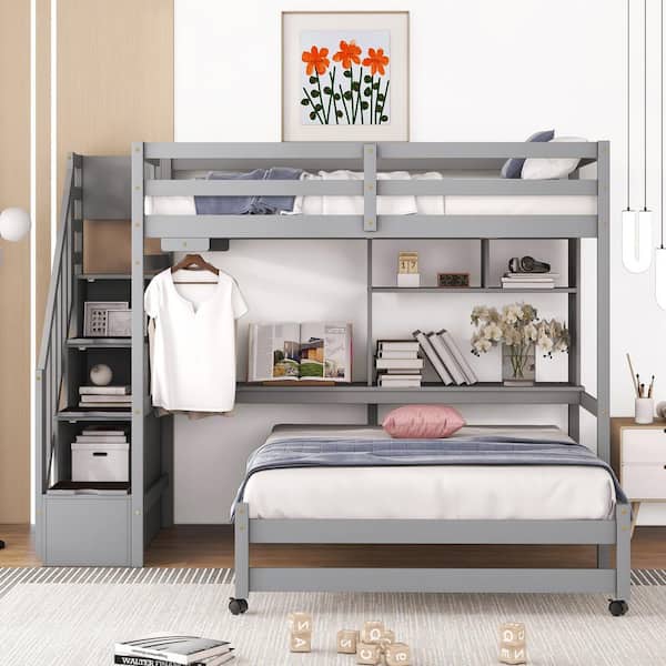 Harper & Bright Designs Gray Twin over Full Multifunctional Wood Bunk Bed with Storage Staircase, Desk, Shelves and Hanger for Clothes