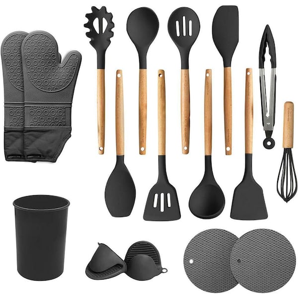 Silicone Kitchen Cooking Utensils Set, 17-Piece Heat Resistant Cooking Tools Nonstick Cookware, BPA Free, Black