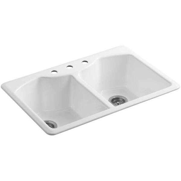 KOHLER Bellegrove Drop-In Cast-Iron 33 in. 3-Hole Double Bowl Kitchen Sink with Accessories in White