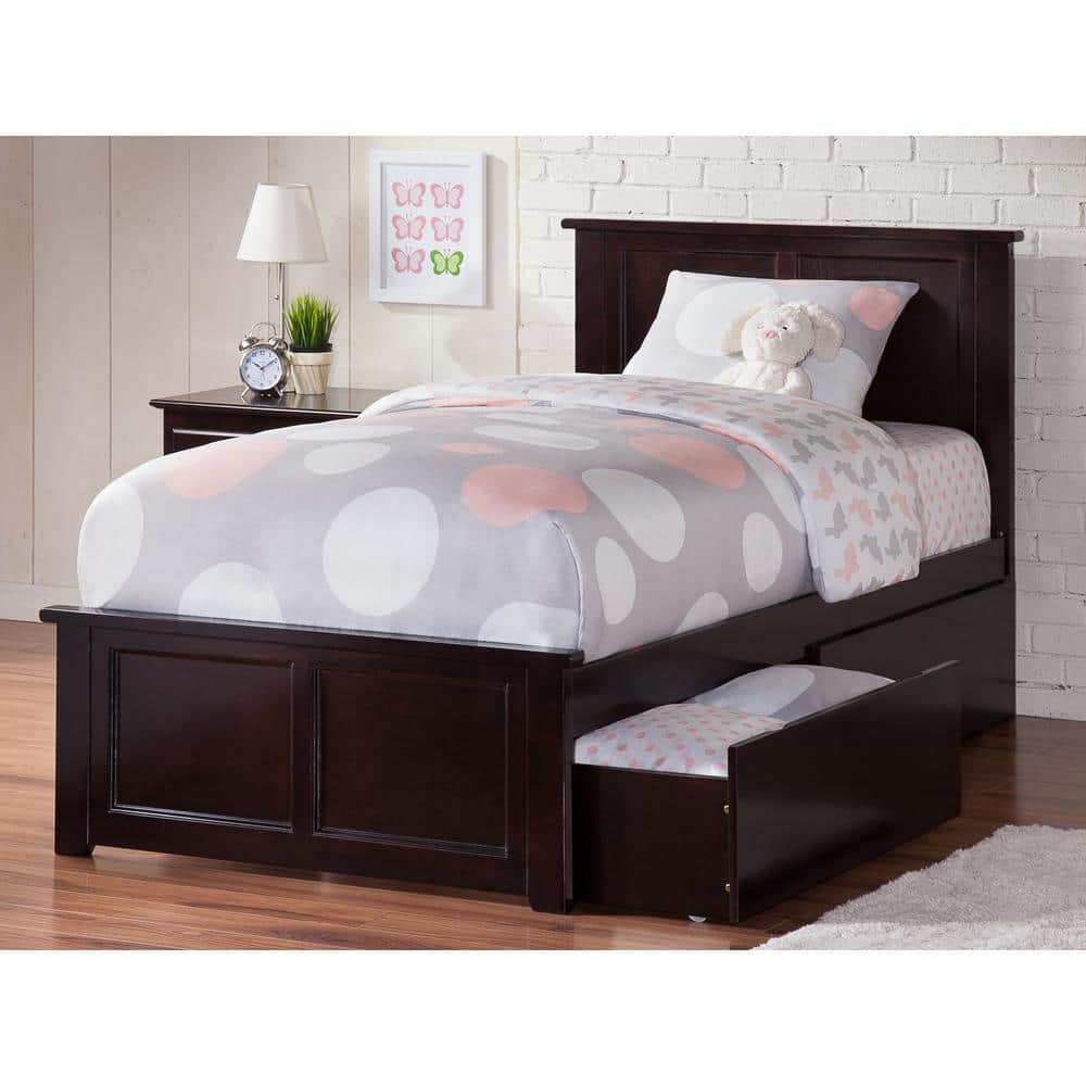 Twin Brown Wood Frame Platform Bed with Storage Drawers