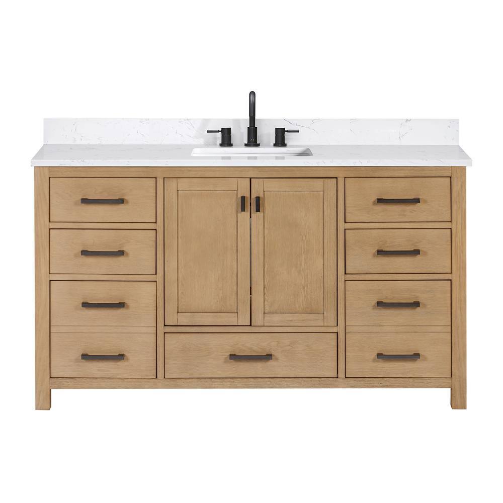 Modero 61-Inch Brushed Oak Single Vanity with White Stone Top