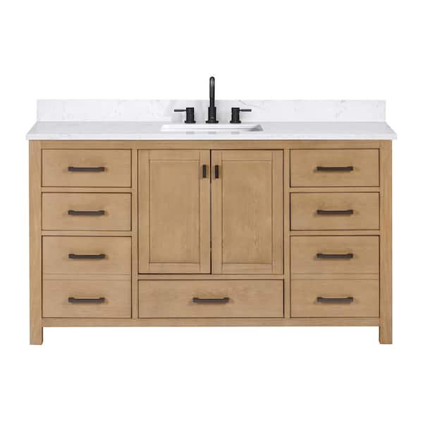Modero 61 in. Single Sink Brushed Oak Bath Vanity with Cala White Engineered Stone Top