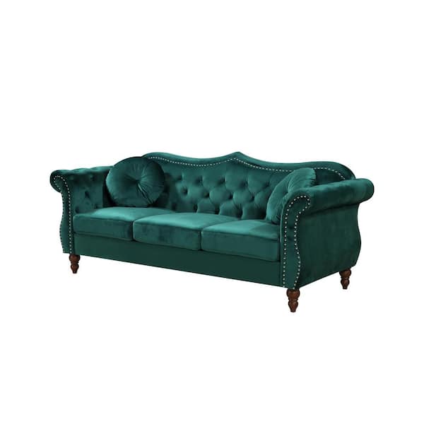 US Pride Furniture Bellbrook 79.5 in. Green Velvet 3-Seats Camelback Sofa with Nailheads