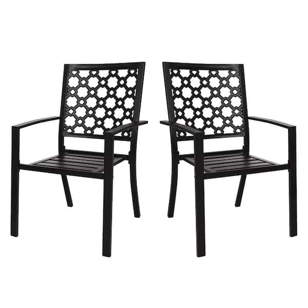 Zeus & Ruta 2-Piece Black Metal Frame Outdoor Dining Chair Stackable Arm Chairs for Backyard, Garden, Patio, Porch, Balcony Set of 2