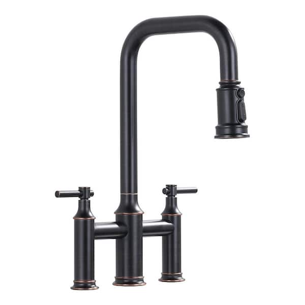 Double Handle Bridge Kitchen Faucet with Pull Down Sprayer in Oil Rubbed Bronze