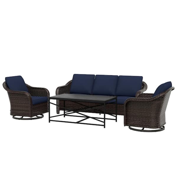 4-Piece Wicker Outdoor Patio Conversation Sofa Furniture Set with Swivel Rocking Chairs and Blue Cushions