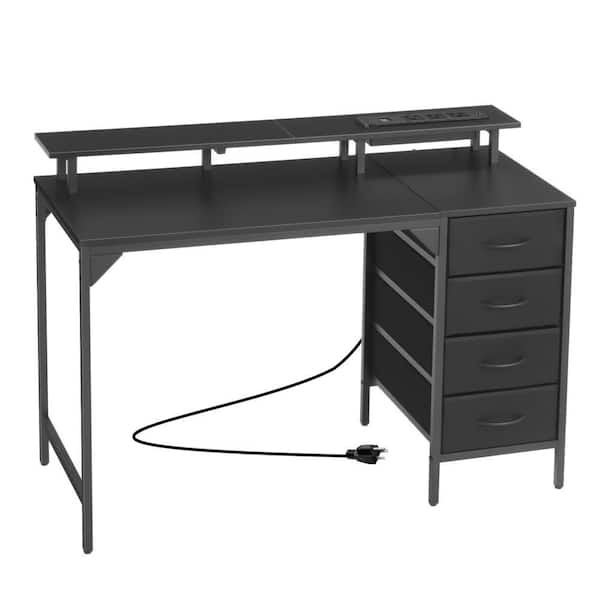 47 in. Computer Desk with LED Lights and Power Outlets, Gaming Table 4 Large Drawers, Office Desk Monitor Stand, Black