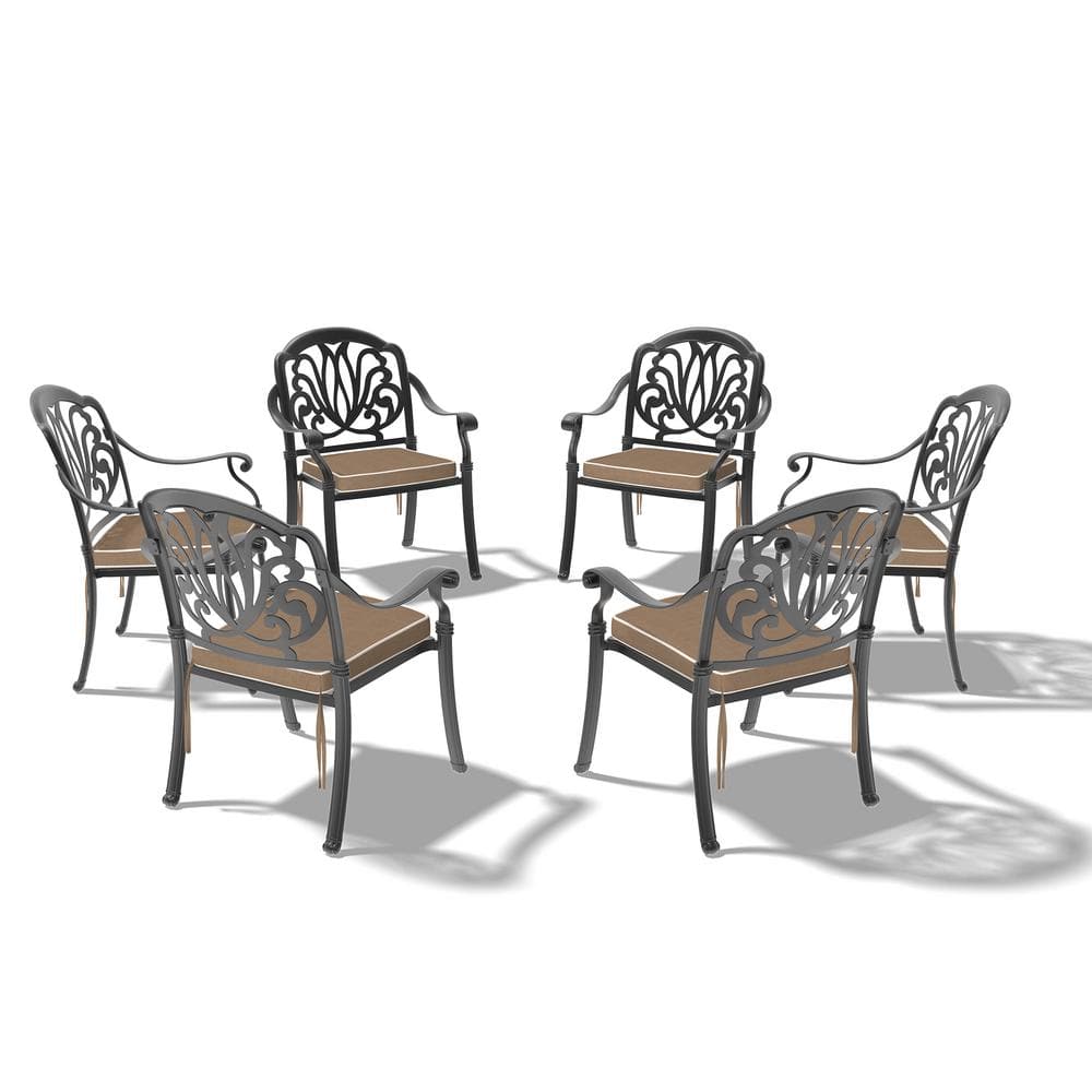 Matte Black Cast Aluminum Dining Chairs with Cushions, Set of 6