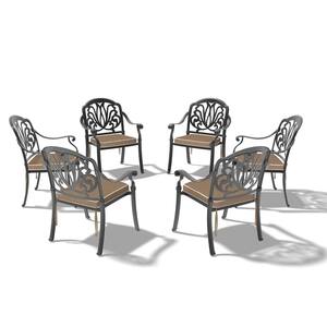 Black Stackable Cast Aluminum Patio Outdoor Dining Chairs with Random Color Seat Cushions (Set of 6)