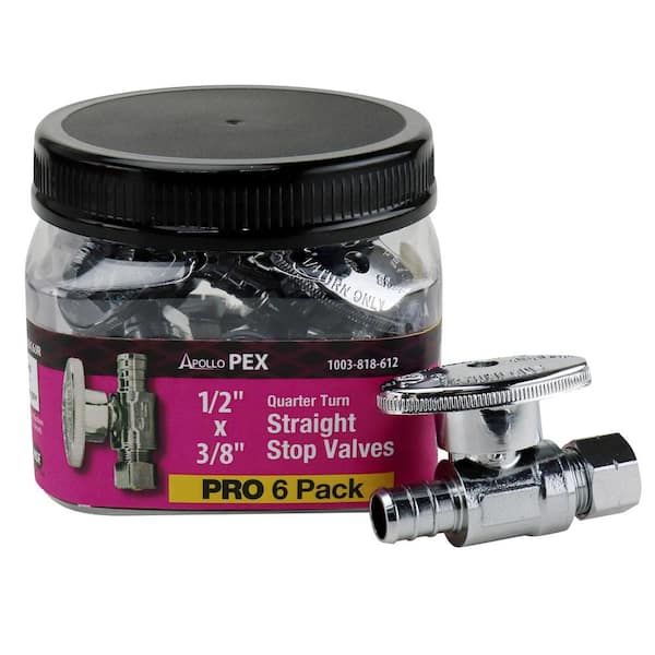 1/2 in. Chrome-Plated Brass PEX-B Barb x 3/8 in. Compression Quarter-Turn Straight Stop Valve Pro Pack (6-Pack)