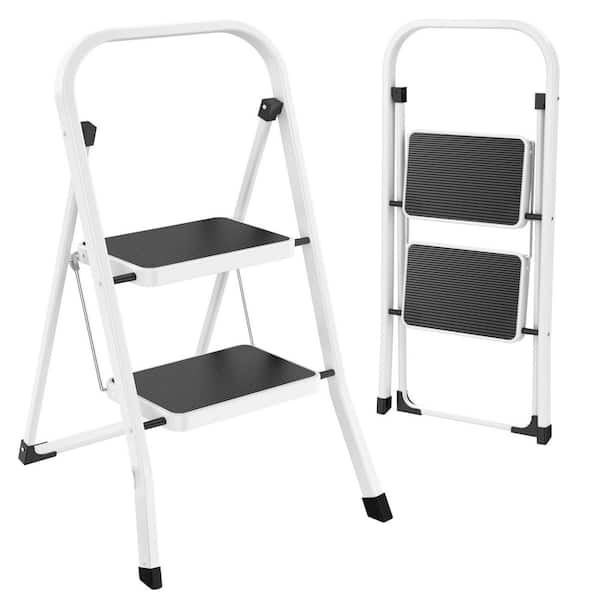 2-Step 7.53 ft. Reach White Steel Folding Step Stool with Anti-Slip Pedal, 330 lb. Load Capacity Type IA Duty Rating