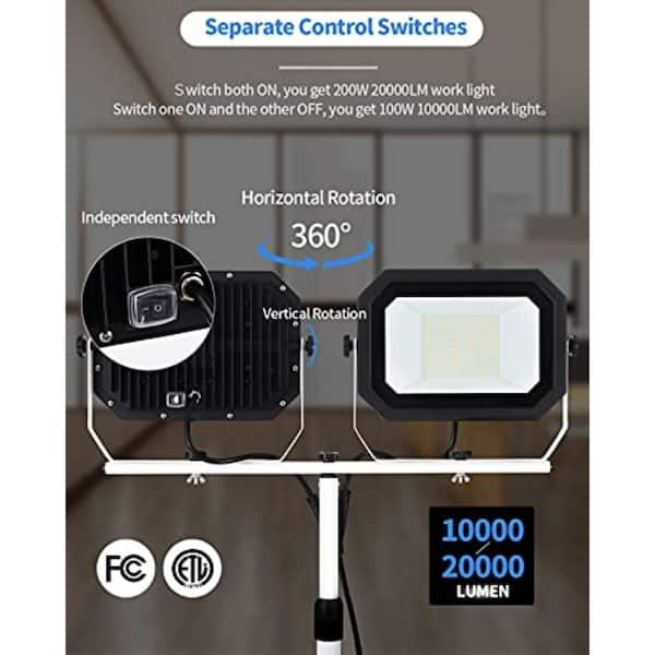 20000 Lumen Dual-Head LED Work Light 120 Volt with Adjustable Tripod Stand and Waterproof Design for Jobsite Use