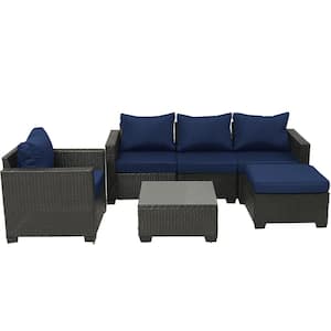 6-Piece Dark Brown Rattan Wicker Patio Conversation Set Sectional Sofa Set with Dark Blue Cushions