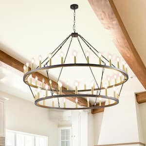 57 in. 48-light 2 Tier Black and Gold Extra Large Farmhouse Wagon Wheel Loft Retro Round Chandelier for Living Room