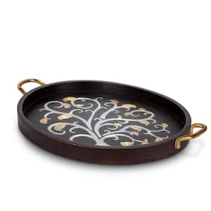 Gold Leaf Large Oval Black Wood Tray with Inlays