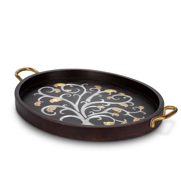 Unbranded Gold Leaf Large Oval Black Wood Tray with Inlays