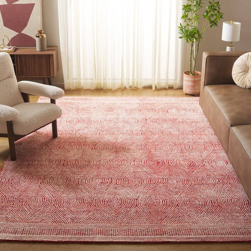 Ivory and Red Abstract Handmade Wool Area Rug, 8' x 10'
