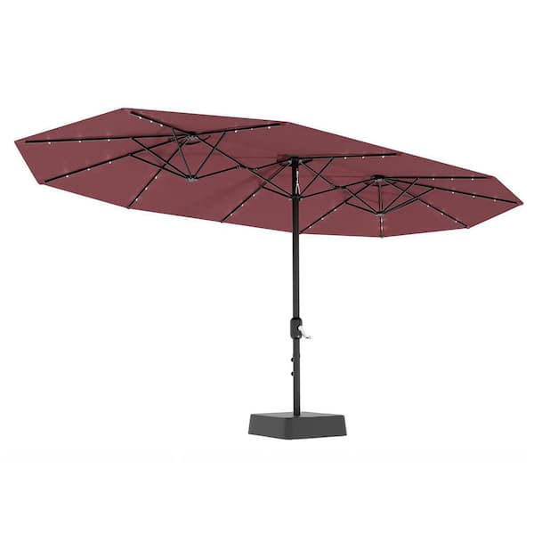 15 ft. Rectangular Solar LED Lighted Double-Sided Market Patio Umbrella with Crank Lift and Base in Claret