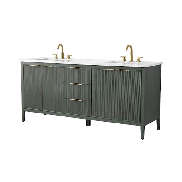 Emma 72 in. W Bath Vanity in Vintage Green with Engineered Stone Top in Arabescato with White Sinks