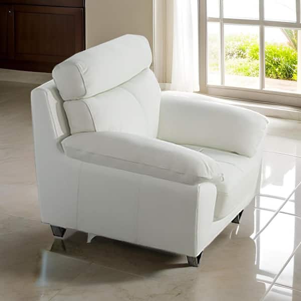 Benjara Rory White and Chrome Leather Arm Chair with Angled Metal Legs