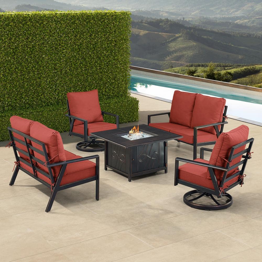 Black 6-Piece Aluminum Patio Fire Pit with 2-Deep Seating Loveseat and 2-Club Chairs Red Cushions price history on PriceWatchPro