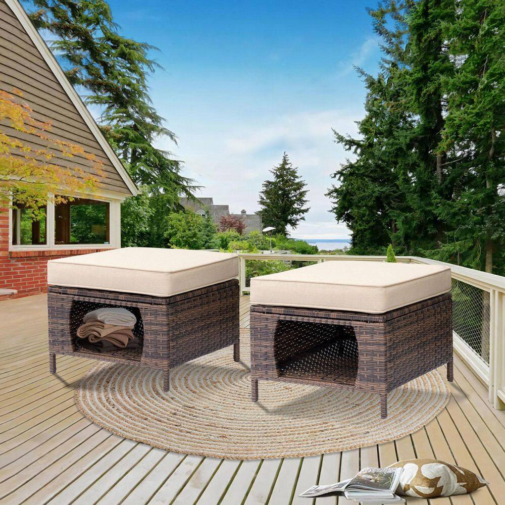 Brown Wicker Outdoor Patio Ottoman with Storage and Beige Cushions (Set of 2)