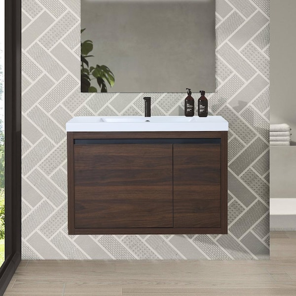 FORCLOVER 29-1/2 in. W x 18-1/8 in. D x 20-1/2 in. H Bath Vanity in California Walnut with White Resin Top