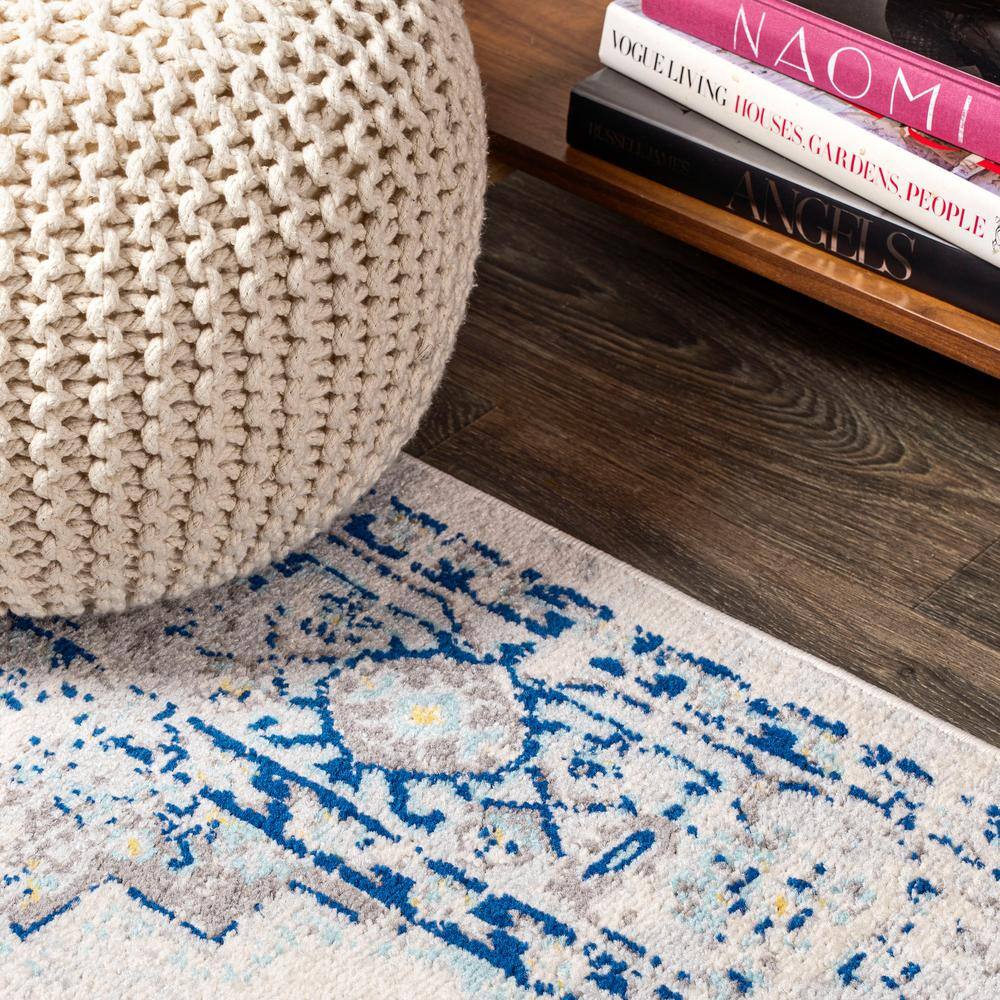 Reversible Medallion Blue and Ivory Synthetic Area Rug - 5x8 Feet