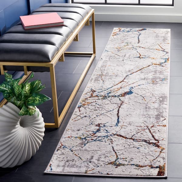 Amelia Gray/Blue 2 ft. x 12 ft. Gold Abstract Distressed Runner Rug