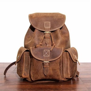 15.8 in. Brown Classic Backpack Genuine Leather Rucksack Laptop Computer Bag