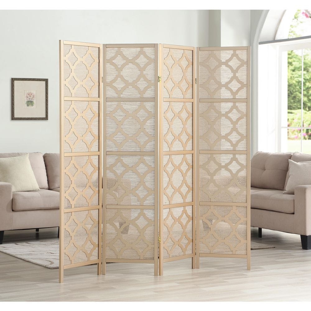 69.28 in. W x 70.3 in. H Gold 4-Panel Room Divider, Infused Diamond Design Solid Pine Wood Frame