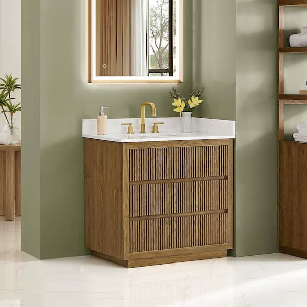 Navan 36 in. Single Freestanding Weathered Brown Bath Vanity with Grain White Engineered Stone Top Assembled